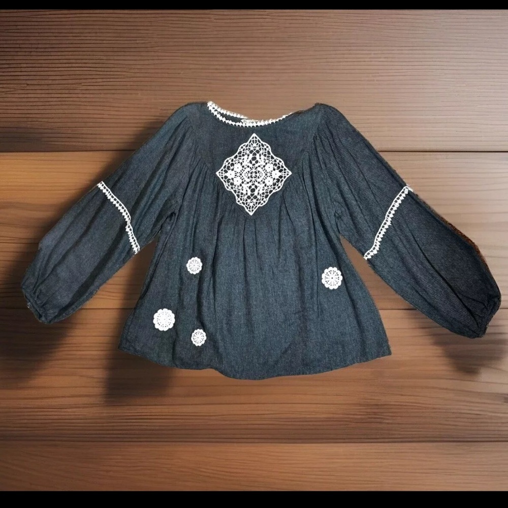 ZARA Blouse Womens X-Small Gray Crochet Detail Long Balloon Sleeve Oversized Top